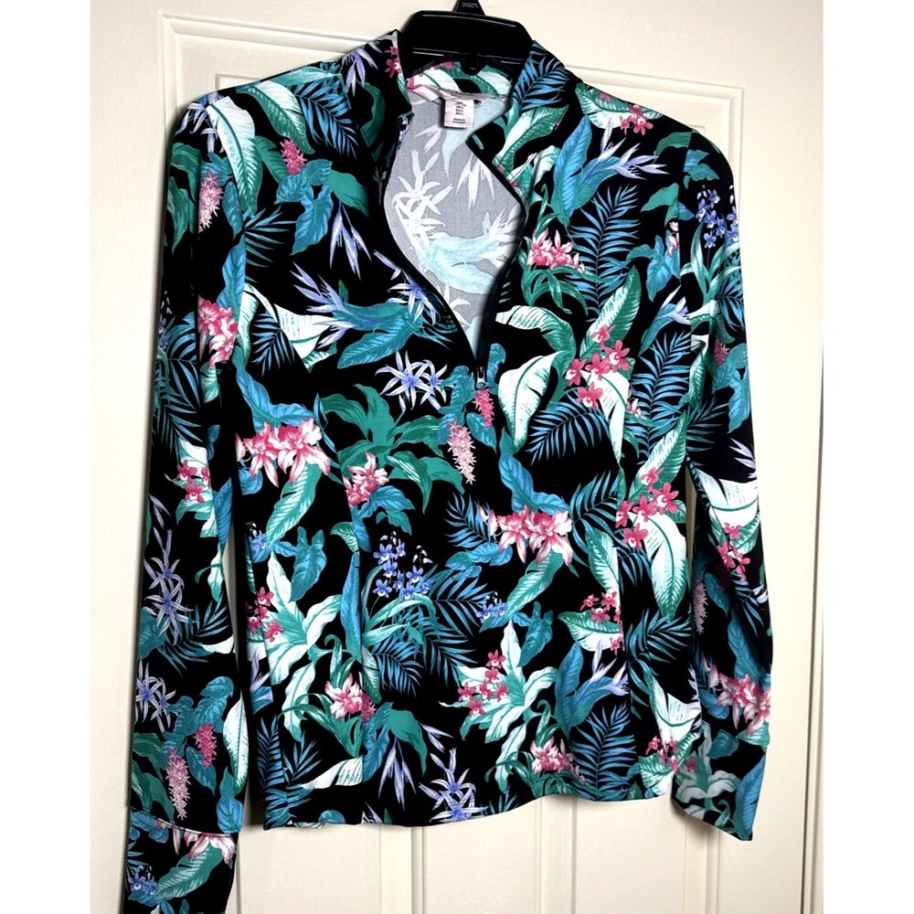 Tommy Bahama Golf Black Tropical Floral Long Sleeve Shirt Women's Large Top